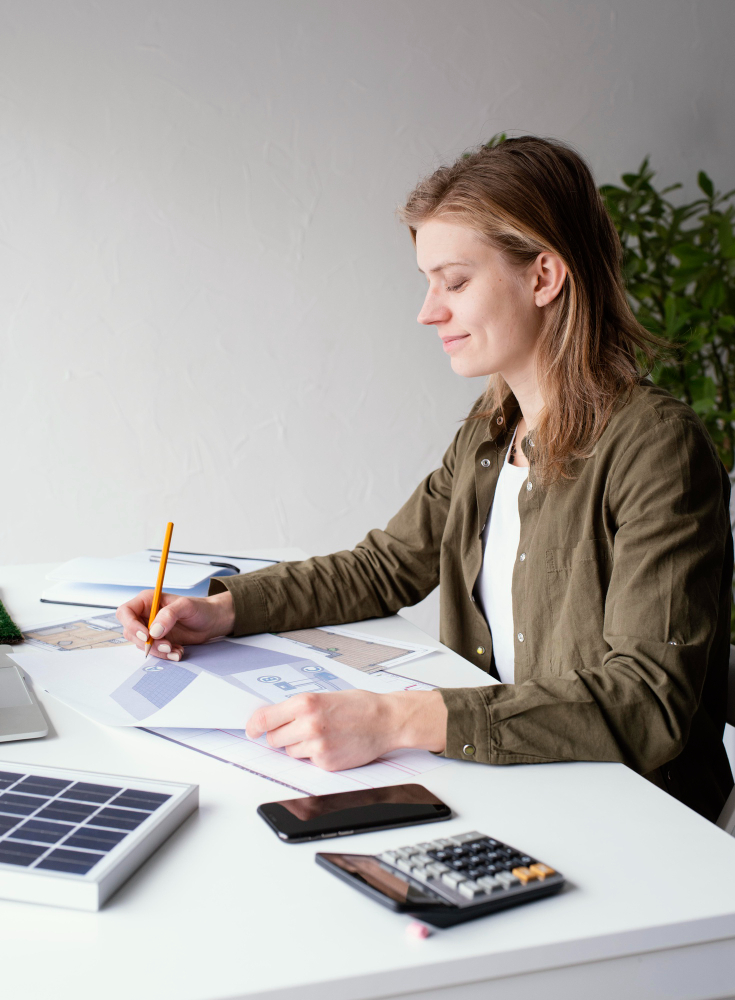 Ingeniera de Geocero analizando planos y consumos durante una asesoría energética