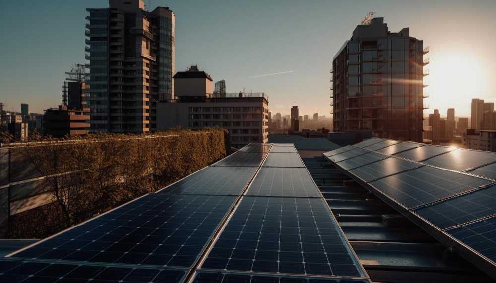 Paneles solares en la cubierta de un edificio urbano al atardecer